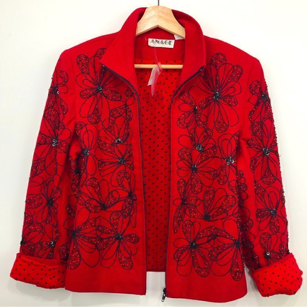 ANAGE Red Black Bead Embroidered Floral Design Holiday Statement Jacket NEW
